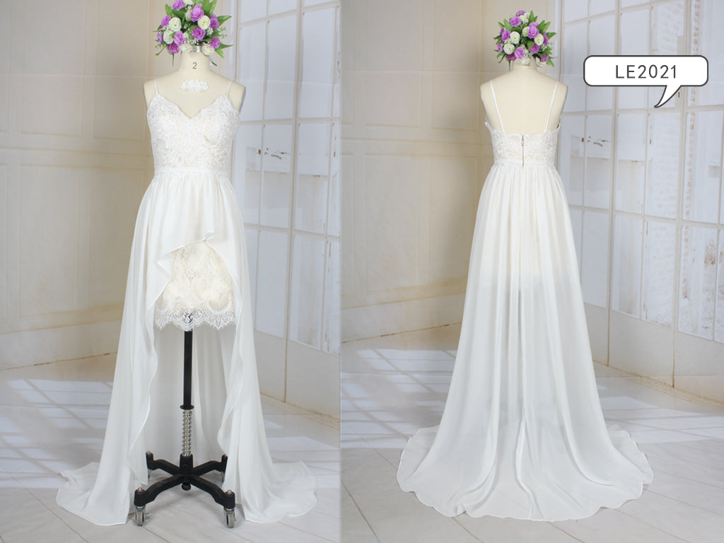 LE2021 - Spaghetti strap lace high low formal wedding dress