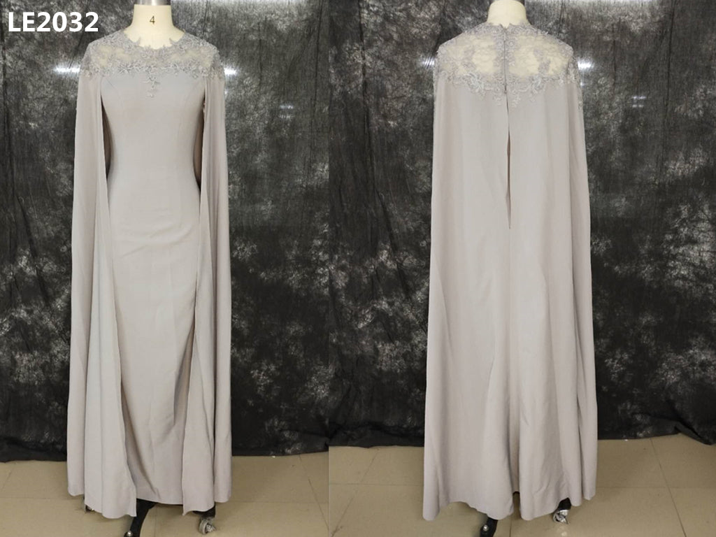 LE2032 - modest scoop neck beaded lace mother of the bride formal evening gown dress with cape