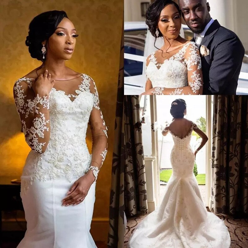 Robe de mariée simple et élégante en dentelle perlée à manches longues