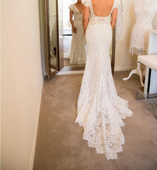 C2022-BL39 - Robe de mariée vintage en dentelle à manches courtes
