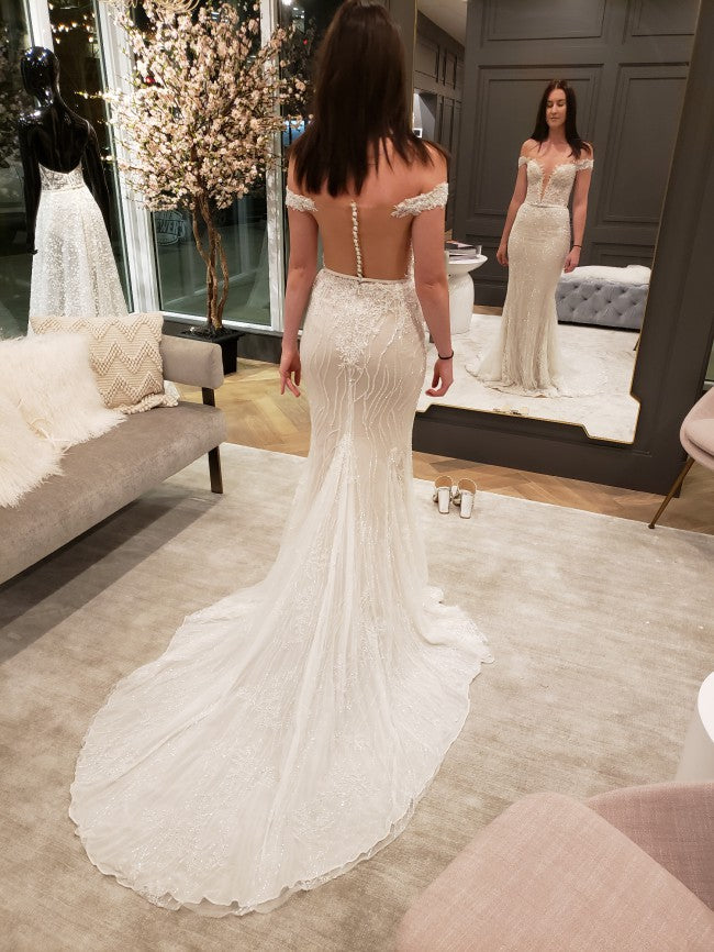 C2022Sos61 - Sheer off the shoulder fitted wedding gown
