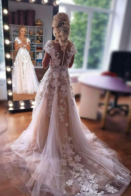 C2022-slc03 - Short cap sleeve wedding gown with train
