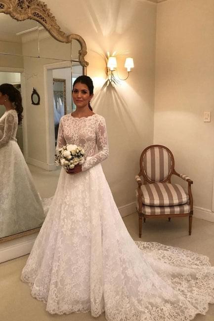 C2021-TLS673 - Vestido de novia tradicional de encaje de manga larga