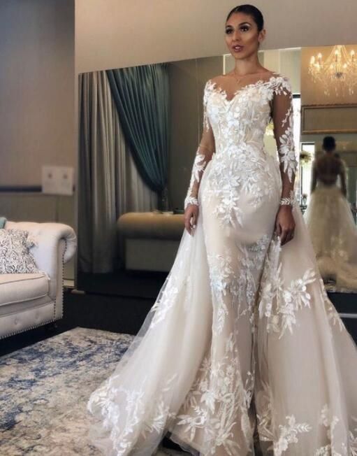 C2022-Sll447 Robe de mariée en dentelle transparente à manches longues
