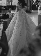 C2023-CS93 - short cap sleeve lace & embroidery embellished fitted wedding gown with detachable chapel train