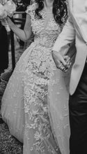 C2023-CS93 - short cap sleeve lace & embroidery embellished fitted wedding gown with detachable chapel train
