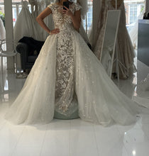 C2023-CS93 - short cap sleeve lace & embroidery embellished fitted wedding gown with detachable chapel train