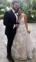 C2023-AL63T - spaghetti strap a-line wedding gown with large embroidery printed lace