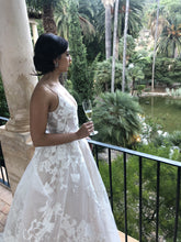 C2023-AL63T - spaghetti strap a-line wedding gown with large embroidery printed lace