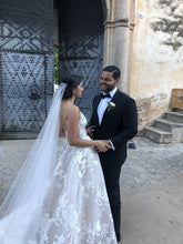 C2023-AL63T - spaghetti strap a-line wedding gown with large embroidery printed lace
