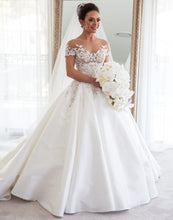 C2023-SS225 - short sleeve beaded lace and embroidered a-line wedding gown