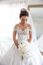 C2023-SS225 - short sleeve beaded lace and embroidered a-line wedding gown