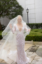 C2023-VLS - sexy v-neck beaded long sleeve wedding gown with veil