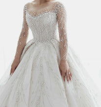 C2023-BG642 - Crystal beaded wedding ball gown w/ long sleeve illusion neckline