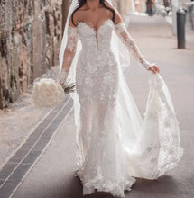 C2024-LS773 - strapless lace wedding dress with long sheer detachable sleeves