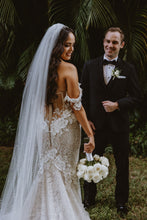 C2024-SS63F - strapless off the shoulder beaded lace wedding gown with corset bodice