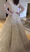 C2024-LS22B - beaded v-neck wedding gown with v-neckline and detachable overskirt train