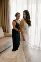 C2024-VN61 - sleeveless v-neck bust wedding gown with draping pearl cowl open back