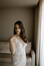 C2024-VN61 - sleeveless v-neck bust wedding gown with draping pearl cowl open back
