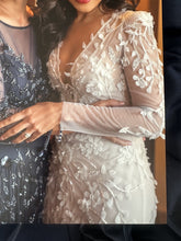 C2024-LS227V - fitted long sleeve wedding gown with open v-neck bustline