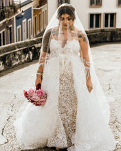 C2024-PS511 - strapless plus size wedding gown with empire waist line and detachable over skirt train