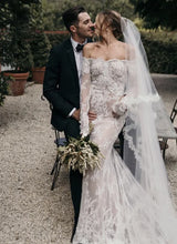 C2024-LSL381 - off the shoulder long sleeve lace wedding gown
