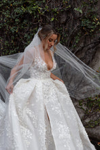 C2024-LDG62 - sheer cap sleeve a-line wedding gown with deep v-neck bust line