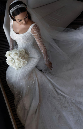 C2024-NAL601 - sheer long sleeve beaded wedding gown