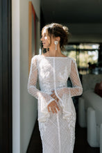 C2023-LSb22 - lattice criss cross beaded long trumpet sleeve wedding gown
