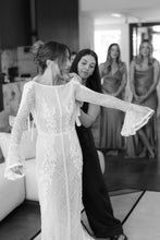 C2023-LSb22 - lattice criss cross beaded long trumpet sleeve wedding gown