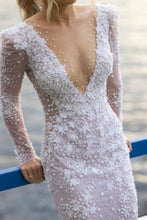 C2023-VLS - sexy v-neck beaded long sleeve wedding gown with veil