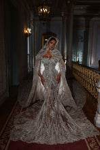 C2024-CB88P1 - strapless sheer evening gown with swarovski crystal beaded hooded cape & train