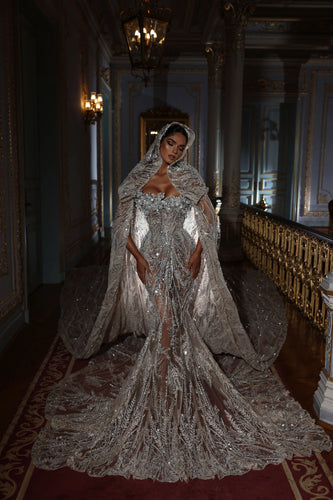 C2024-CB88P1 - strapless sheer evening gown with swarovski crystal beaded hooded cape & train