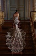 C2024-CB88P1 - strapless sheer evening gown with swarovski crystal beaded hooded cape & train