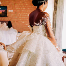 C2023-LSF91G - Illusion neckline sheer long sleeve beaded ball gown wedding dress
