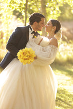 C2023-EW46B - off the shoulder bishop sleeve empire waist wedding gown