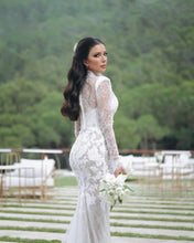 C2023-LSL3366 - sheer long sleeve beaded lace wedding gown and veil