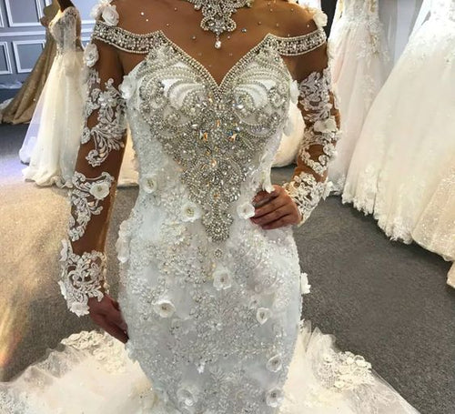 C2023-BLS419 - sheer long sleeve illusion neckline wedding dress with swarovski crystals