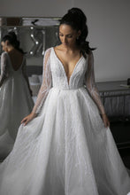 C2023-BVc - sexy long sleeve beaded v-neck wedding gown
