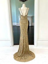 C44307 - Sleeveless gold beaded pageant gown dress with v-neck and empire waist line