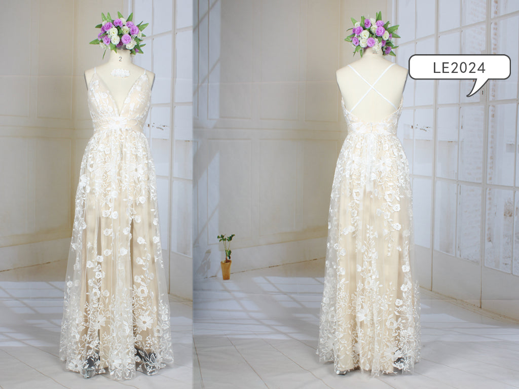 LE2024 - Vestido de novia informal de dos tonos con cintura imperio y tirantes finos sin mangas