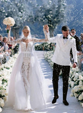 C2024-LS119 - Long sleeve lace wedding gown with illusion neckline and detachable train
