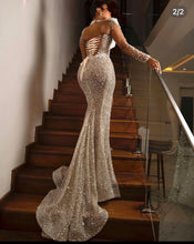 C2023-SLS11H - Sheer long sleeve swarovski crystal beaded evening gown with split