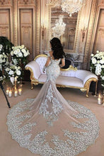 C2020 - BLS989 - swarovski crystal beaded long sleeve illusion neckline wedding gown with detachable over skirt train