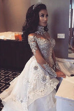 C2020 - BLS989 - swarovski crystal beaded long sleeve illusion neckline wedding gown with detachable over skirt train