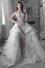 C2020 - BLS989 - swarovski crystal beaded long sleeve illusion neckline wedding gown with detachable over skirt train
