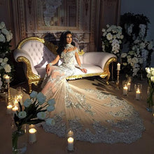 C2020 - BLS989 - swarovski crystal beaded long sleeve illusion neckline wedding gown with detachable over skirt train