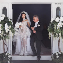 C2020 - BLS989 - swarovski crystal beaded long sleeve illusion neckline wedding gown with detachable over skirt train
