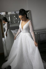 C2023-BVc - sexy long sleeve beaded v-neck wedding gown