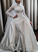 C2022-PLS887 Pearl beaded long sleeve modest wedding gown with detachable train
